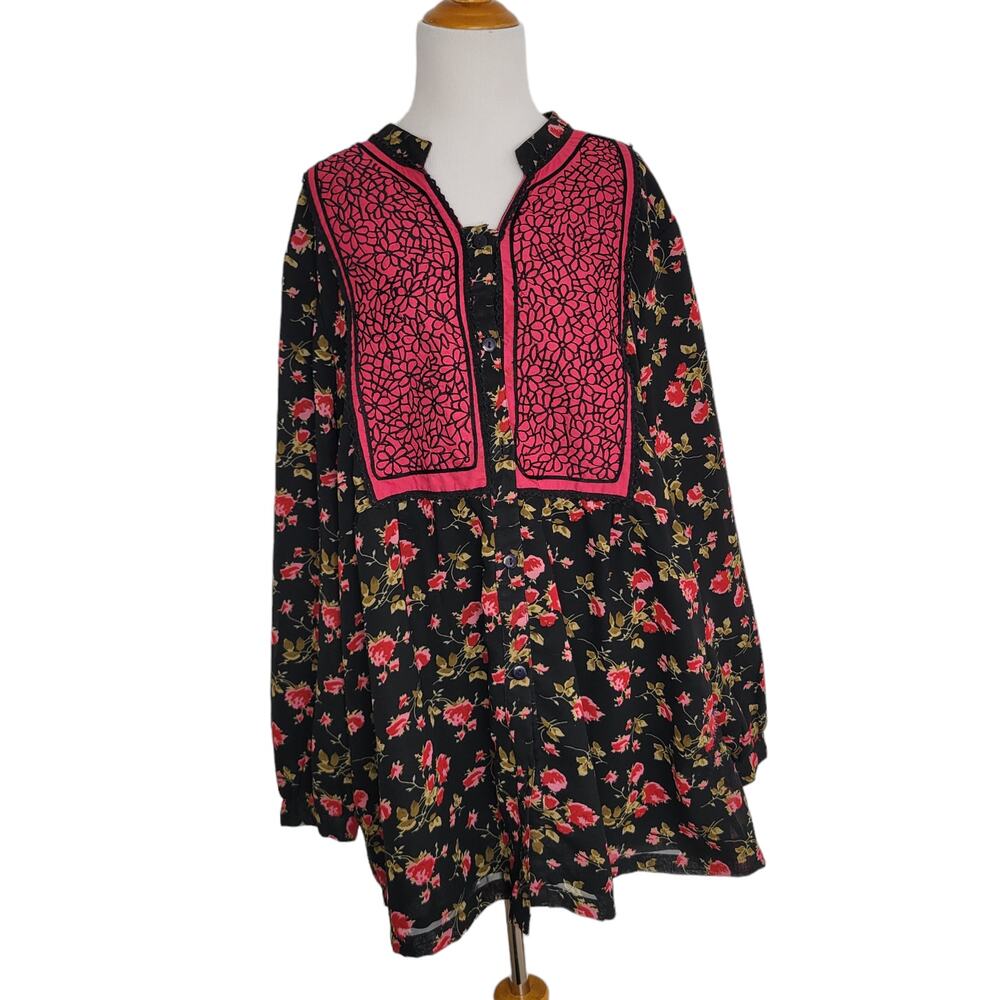 Ulla Popken Black Floral Tunic Top Button Front Embroidered Women 20/22